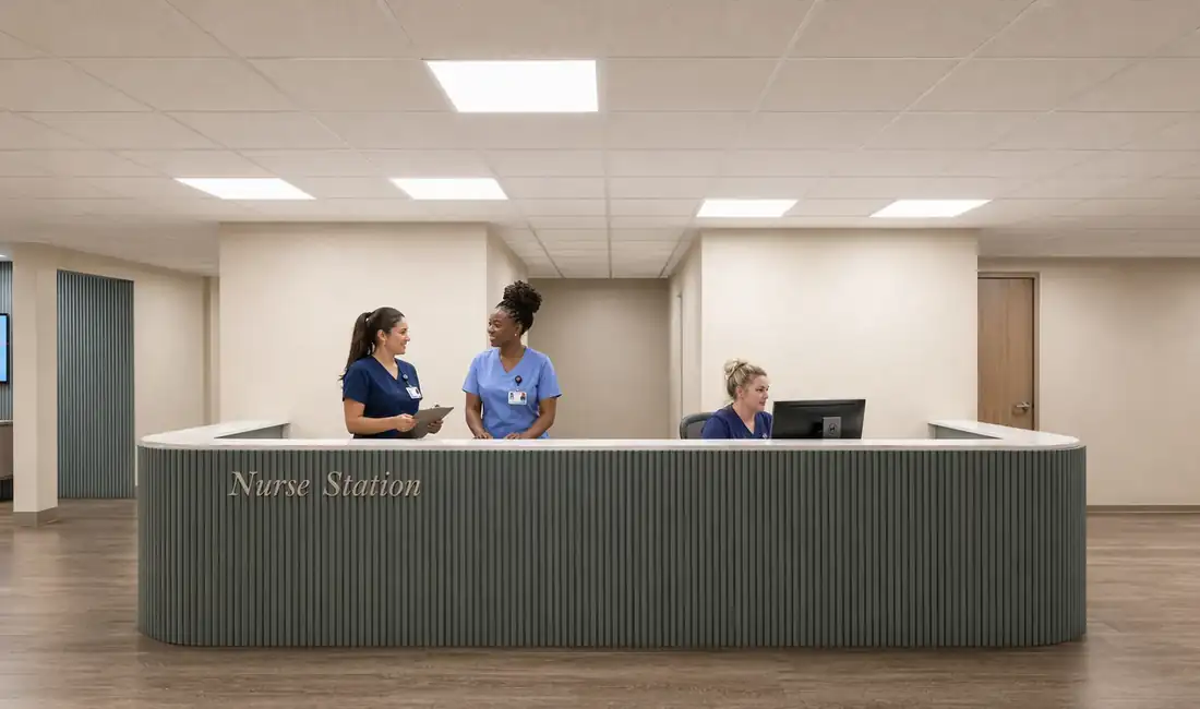 Nurse station with care team at North Beach Rehabilitation Center in North Miami Beach, FL