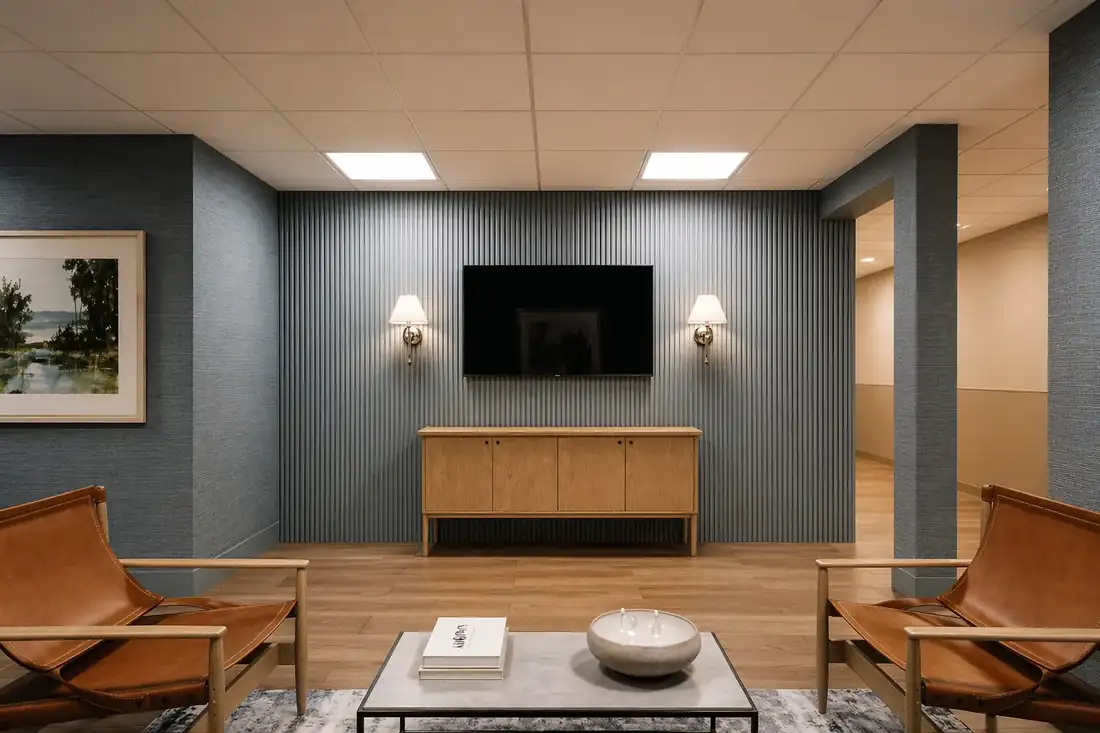 Social hall and common gathering area at North Beach Rehabilitation Center in North Miami Beach, FL