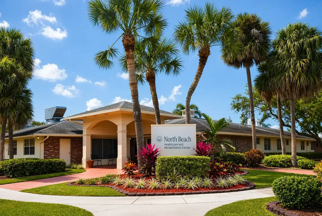 Front entrance and signage of North Beach Rehabilitation Center in North Miami Beach, FL